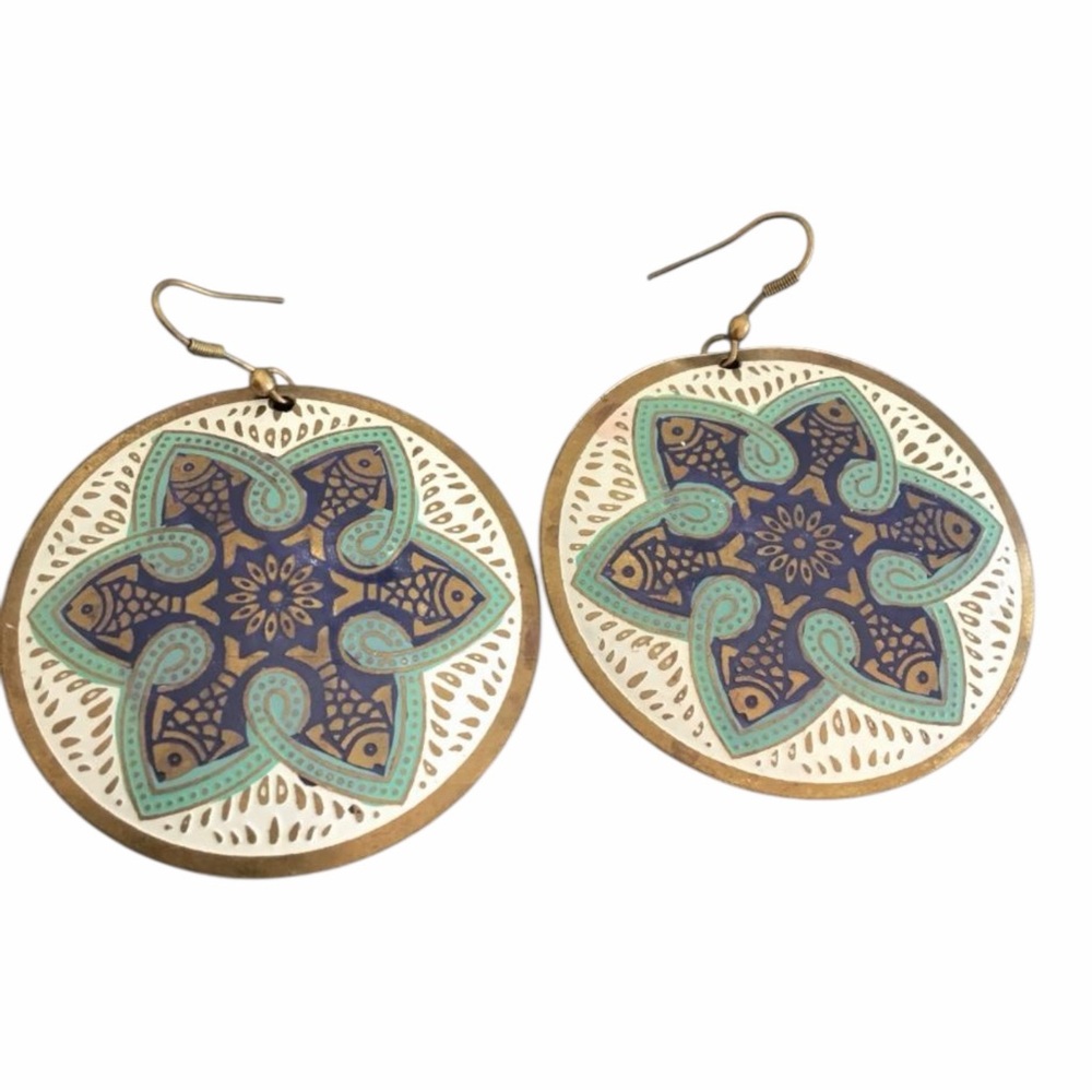 Vintage Brass Fish Mandala Statement Earrings - Picture 2 of 4